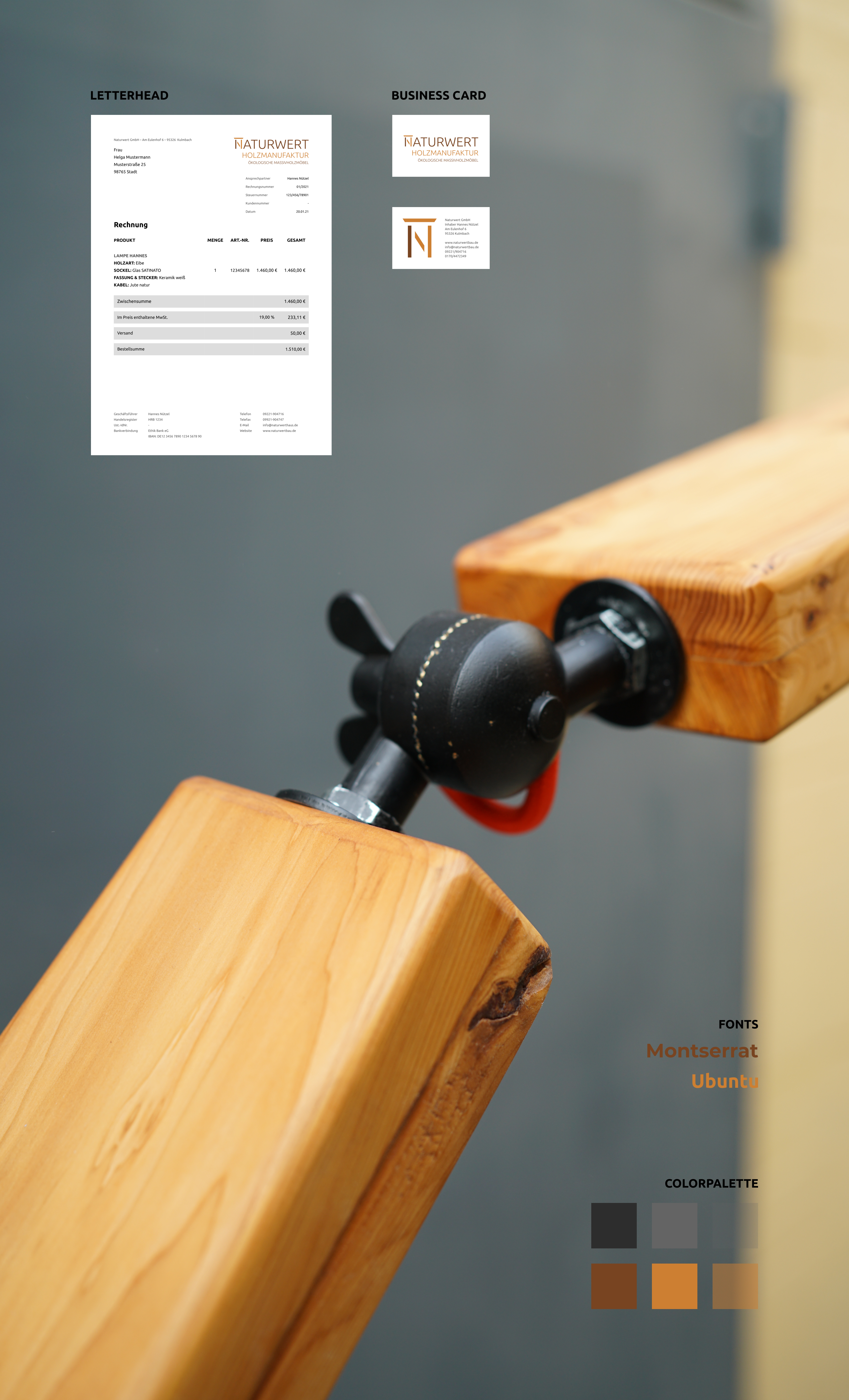Naturwert GmbH - Ansicht Briefpapier & Visitenkarte, verwendeter Schriften und Farben auf Hintergrundbild Lampe Hannes